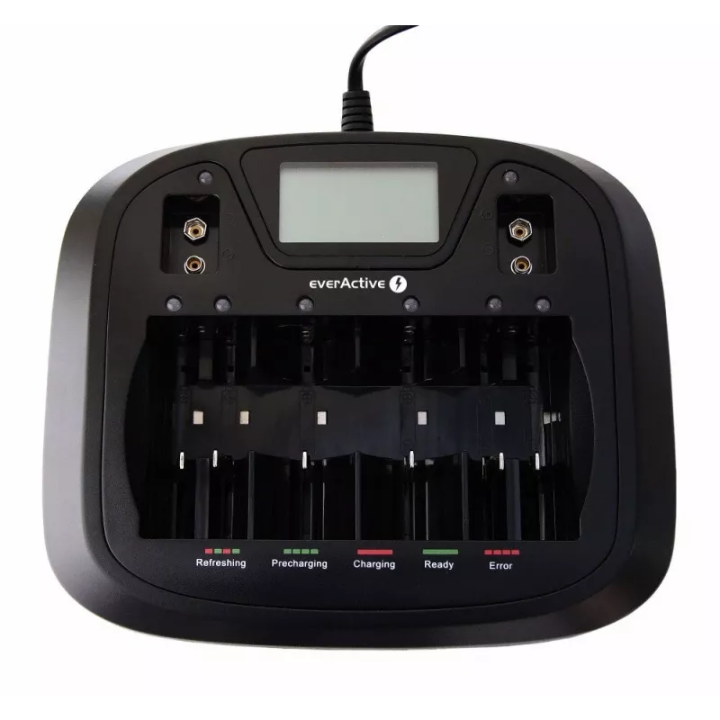 Baterijas lādētājs everActive NC-900U Universal DC — lādē AA, AAA, C, D, 9V, līdz 6 šūnām, melns