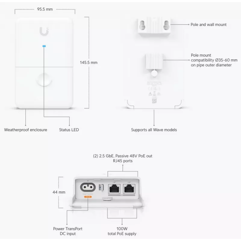 Ubiquiti UISP dubultā barošanas inžektors 2.5 Gigabit Ethernet 48 V