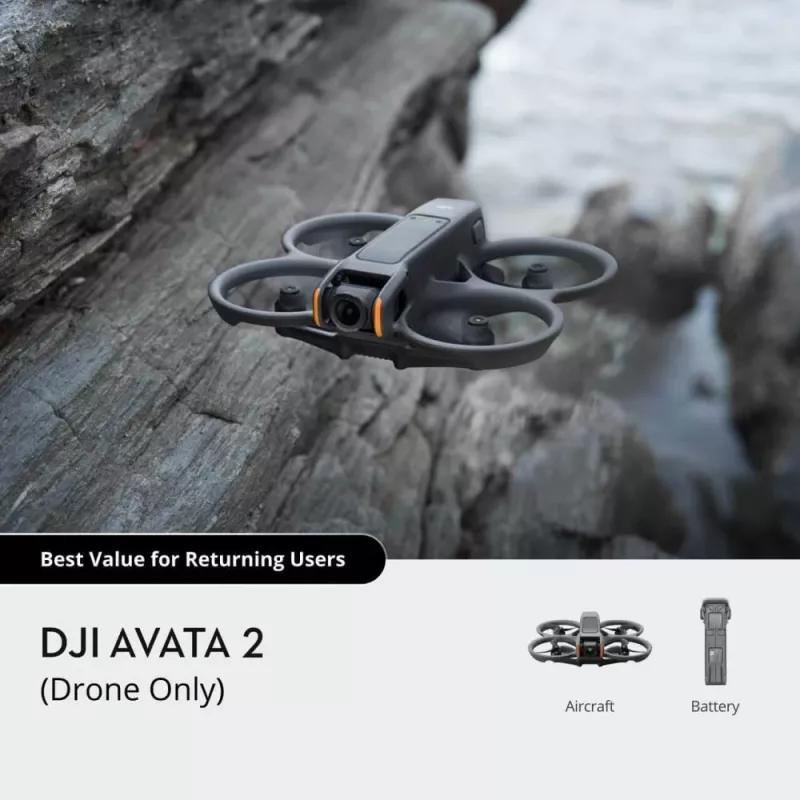 DJI Avata 2 drons — maksimālais darbības rādiuss 13 000 m, maksimālais ātrums 27 m/s, 4 rotori, melns (bez brillēm vai tālvadības pults)