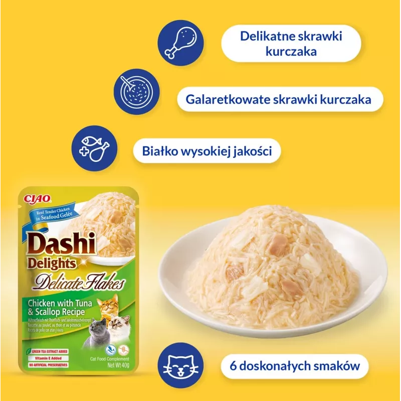 Slapjš kaķu kārums INABA Dashi Delights Delicate Flakes Chicken 40 g — diētisks, 86% mitruma, 12% olbaltumvielu