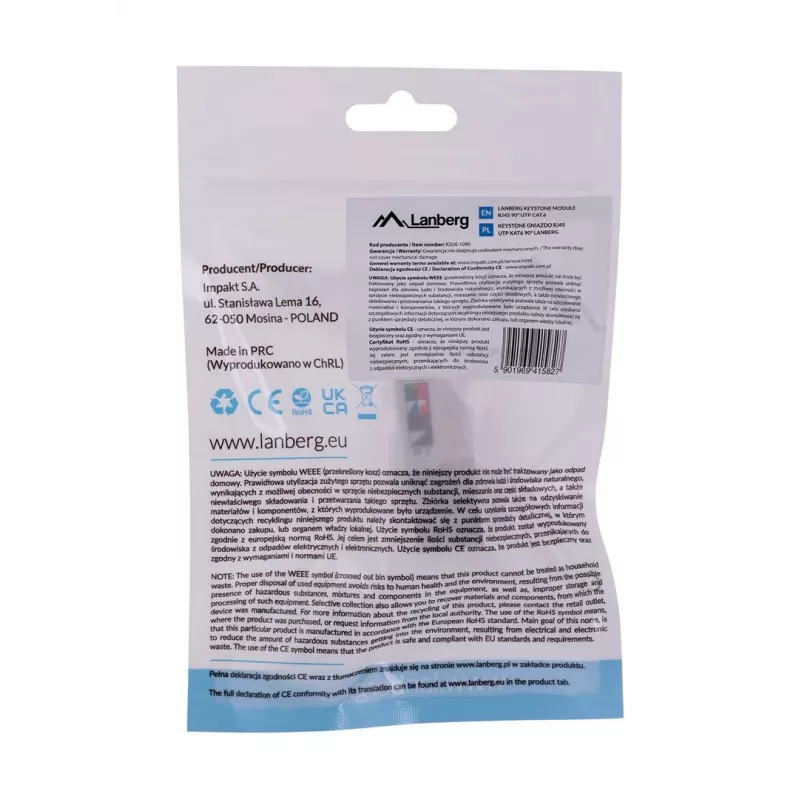 Keystone modulis LANBERG KSU6-1090, Cat6 U/UTP plakans, RJ-45 vīrišķais uz LSA sievišķo, AWG 22/26, 14.5×16.1 mm, balts