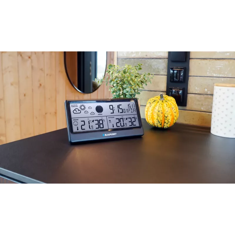 Laika stacija BLAUPUNKT WS20BK — iekštelpu/āra temperatūras un mitruma displejs, melna, 1 sensors, LCD, darbināma ar baterijām