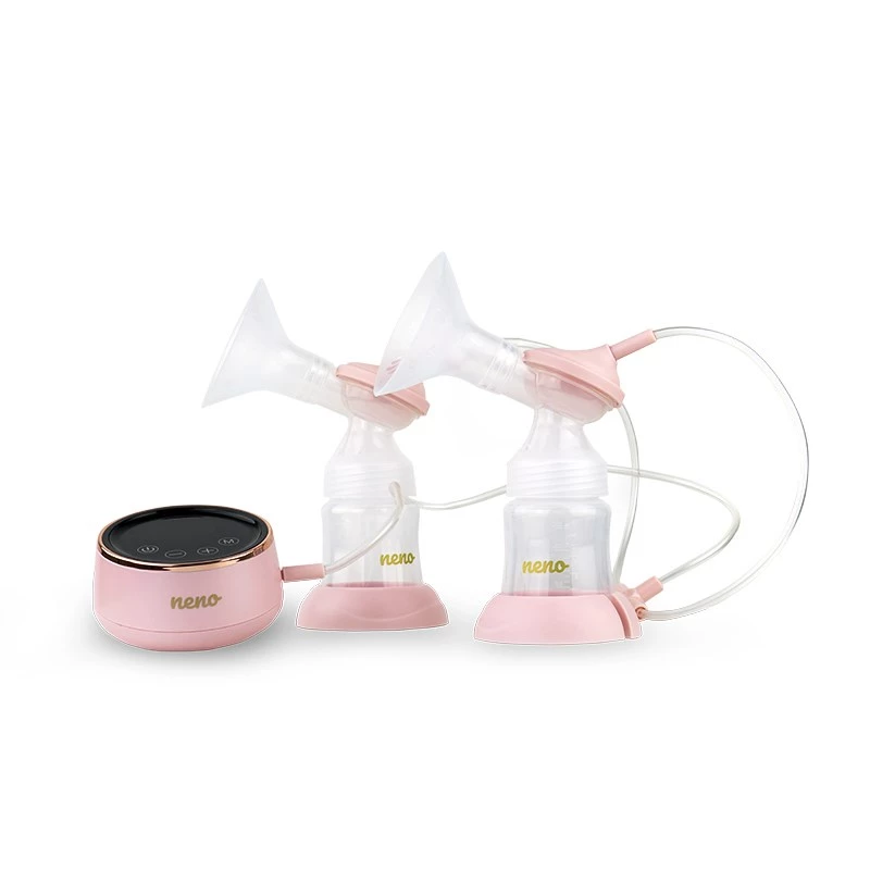 Neno Bella Twin elektriskais krūts sūknis — elektronisks, 150 ml pudelītes, 6 stimulācijas / 9 sūkšanas līmeņi, USB Li‑Ion baterija, rozā/caurspīdīgs