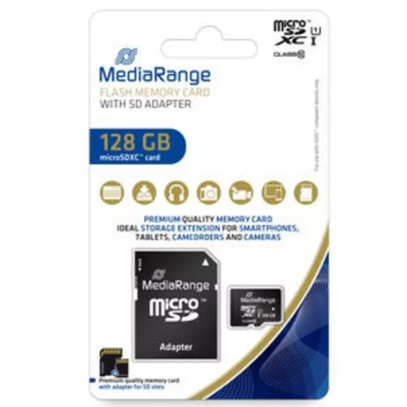 MediaRange MR945 - Zibatmiņas karte (microSDXC ar SD adapteri) - 128GB - UHS-I / Class10 - microSDXC - Melna (MR945)