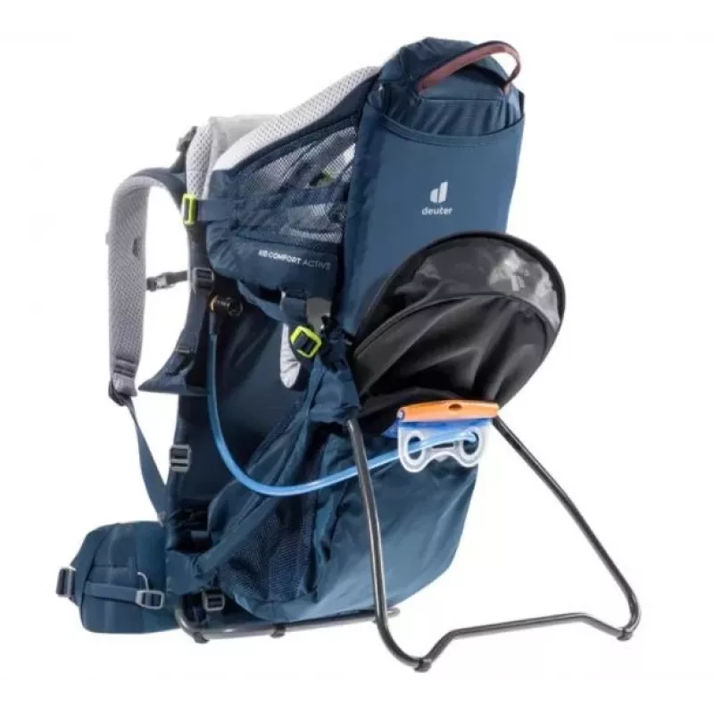 Bērnu pārnēsājamā mugursoma DEUTER Kid Comfort Active — zila, poliamīds, līdz 22 kg, saulessargs, kāju balsts, VariQuick, Lite Air
