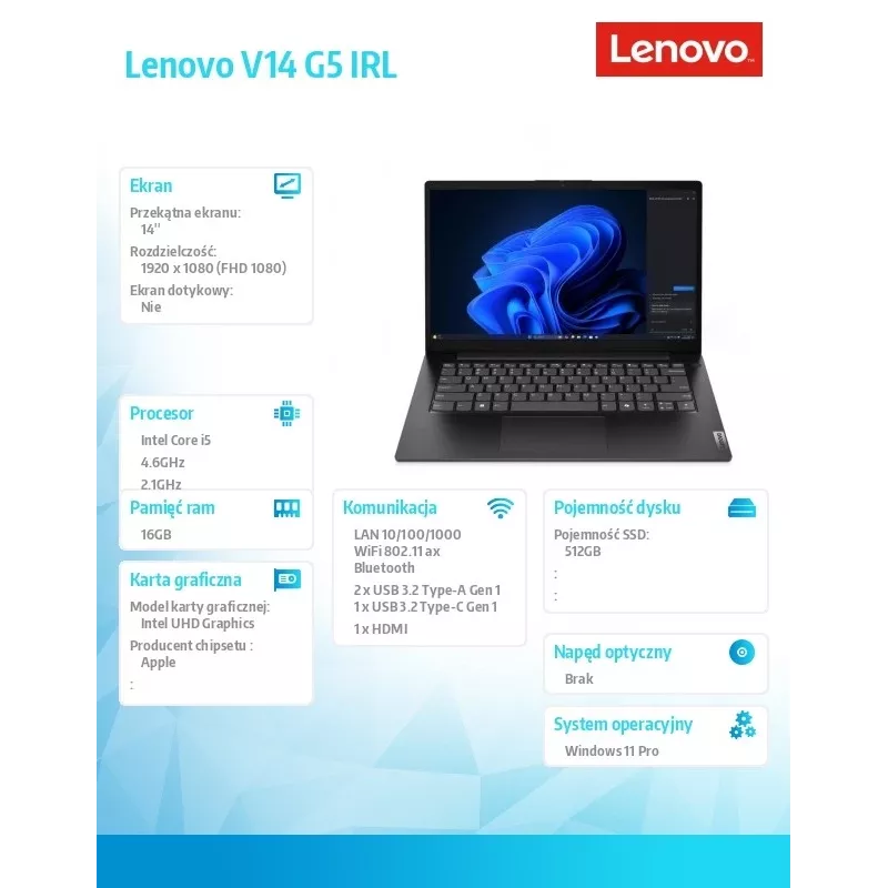 Lenovo V14 G5 83GU008FPB klēpjdators — Intel i5-13420H, 16GB RAM, 512GB SSD, 14,0 collu FHD, Windows 11 Pro, Business Melns, 3 gadi OS + 1 gads CI