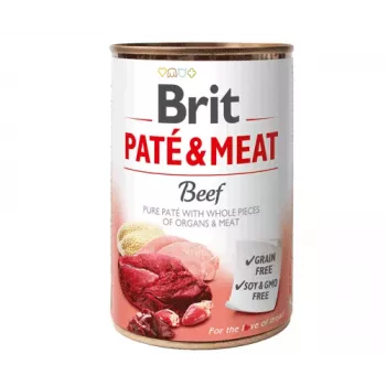 Mitrā suņu barība Brit Paté & Meat with Beef 400 g — pieaugušiem suņiem paredzēta mitrā barība, 400 g bundža, 75% mitruma, 11% olbaltumvielu, bez lipekļa un laktozes