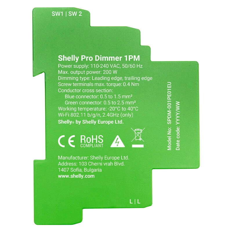 Shelly Pro Dimmer 1 DIN sliedes viedais slēdzis, 1 kanāla