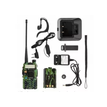 Rokas divvirzienu radio Baofeng UV-5R 5W HT Camo — divjoslu FM, 5W, 1800 mAh akumulators