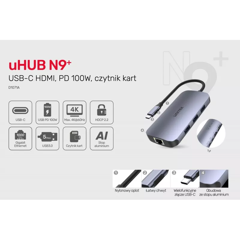 UNITEK D1071A interfeisa centrmezgls USB 3.0 SuperSpeed 5 Gb/s Sudrabs