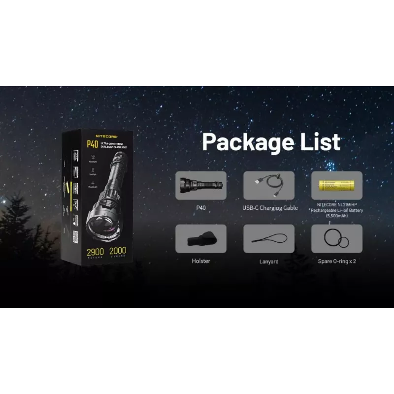 Kabatas lukturītis Nitecore P40 2000 lūmenu, īpaši garš stars, modelis P40