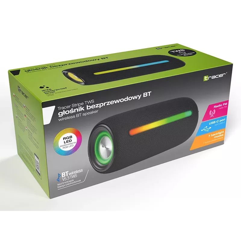 Pārnēsājams stereo skaļrunis TRACER Stripe Melns — 10 W RMS, Bluetooth/vadu, USB-A un USB-C, MicroSD, iebūvēts akumulators (līdz 5 h)