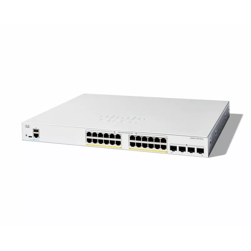 Cisco Catalyst 1200-24FP-4G viedais slēdzis, 24 porti GE, pilns PoE, 4x1GE SFP, ierobežota mūža aizsardzība (C1200-24FP-4G)