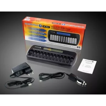 Bateriju lādētājs everActive NC-1200 — universāls 12 bateriju lādētājs AA/AAA, 12 V ieeja, melns
