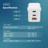 Wall charger DIGITUS DA-10303 67W GaN, 2× USB-C + 1× USB-A, 100–240V, balta