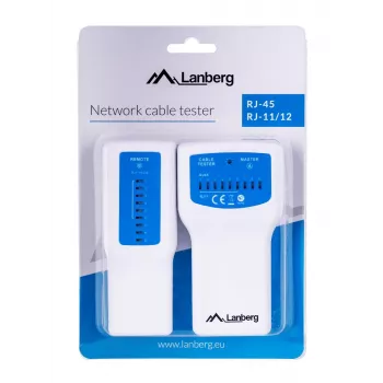 PoE testeris LANBERG NT-0402 — PoE tīkla kabeļu testeris ar RJ-45/RJ-11 atbalstu, LED indikatoriem, strāvas LED, ieslēgšanas/izslēgšanas slēdzi