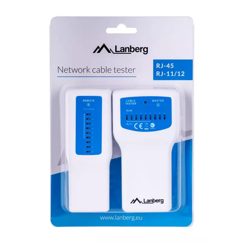 PoE testeris LANBERG NT-0402 — PoE tīkla kabeļu testeris ar RJ-45/RJ-11 atbalstu, LED indikatoriem, strāvas LED, ieslēgšanas/izslēgšanas slēdzi
