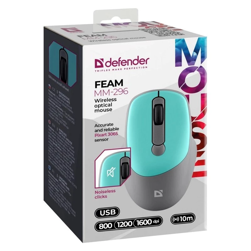 Bezvadu pele DEFENDER Silent Click C Mint 52294 — piemērota abām rokām, 1600 DPI, 2,4 GHz nano USB