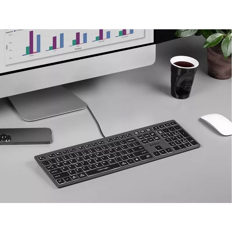Vadu A4Tech tastatūra FX60H USB QWERTY — pilna izmēra 100%, apgaismota, pelēka, USB centrmezgls