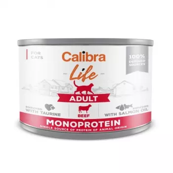 Mitrā kaķu barība Calibra Life Adult Beef 200 g paciņa — pilnvērtīga mitrā barība pieaugušiem kaķiem, 78% mitruma, 9,5% olbaltumvielu