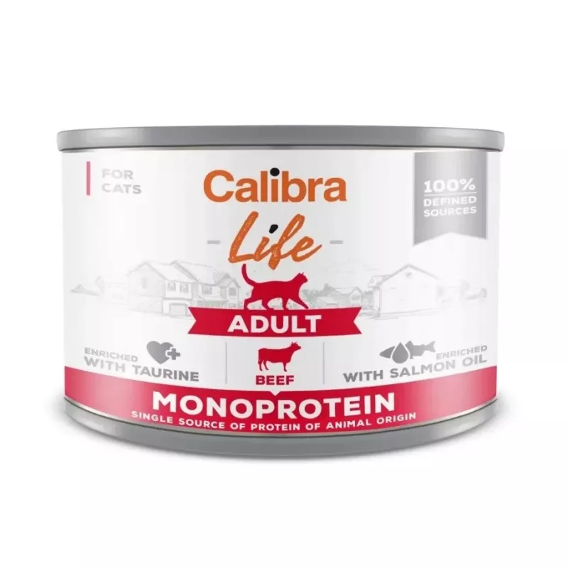 Mitrā kaķu barība Calibra Life Adult Beef 200 g paciņa — pilnvērtīga mitrā barība pieaugušiem kaķiem, 78% mitruma, 9,5% olbaltumvielu