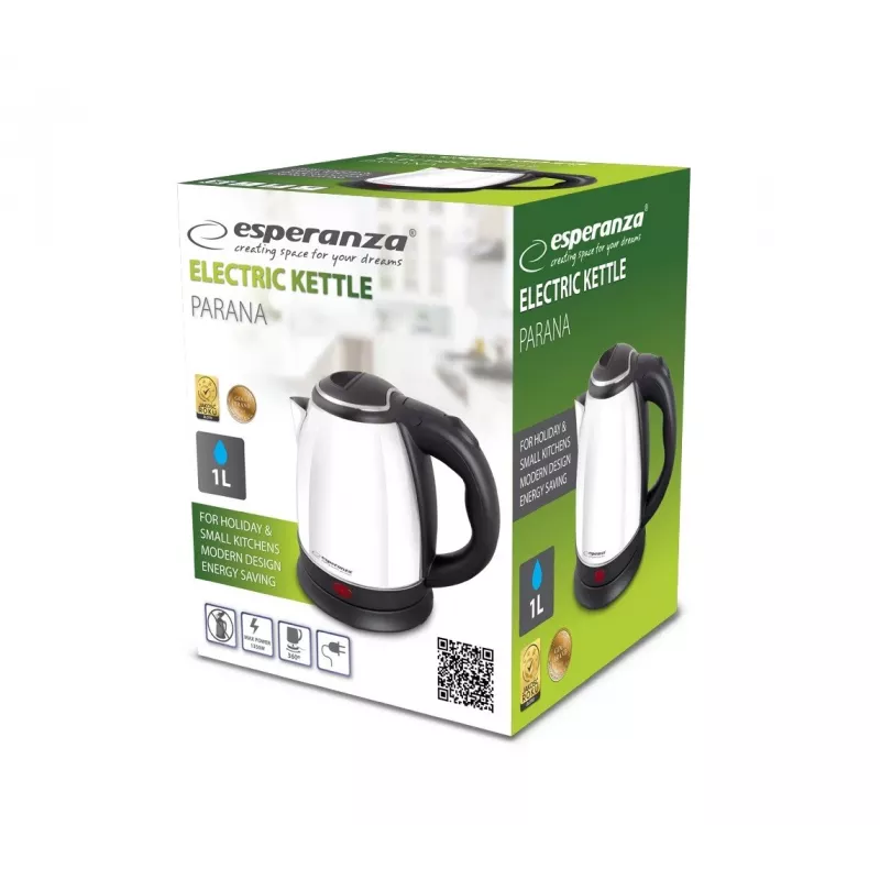 Esperanza EKK128W Parana elektriskā tējkanna, 1,0 l, 1350 W, bezvadu, nerūsējošais tērauds, balta
