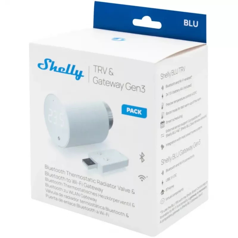 Termostatiskā radiatora vārsta komplekts Shelly Heating Control BLU TRV + BLU Gateway Gen. 3 — M30×1,5, Wi‑Fi, AA baterijas, 78 mm augstums