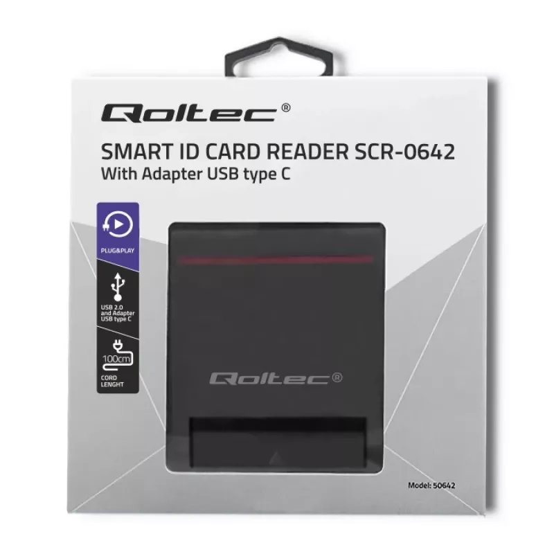ID karšu lasītājs QOLTEC Smart chip ID card scanner — USB, melns, 84.5×65×16 mm, 63 g