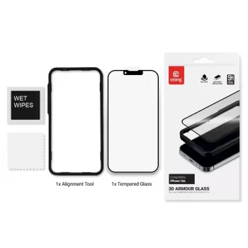 Rūdīta stikla ekrāna aizsargs Crong iPhone 16e / 14 / 13 / 13 Pro — 3D pilns pārklājums