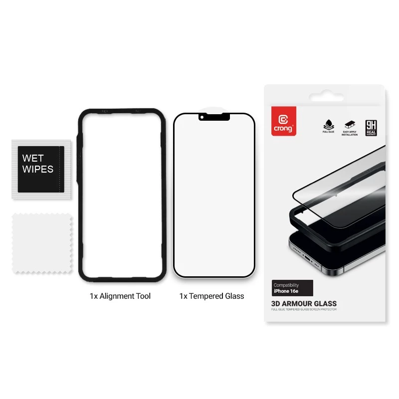 Rūdīta stikla ekrāna aizsargs Crong iPhone 16e / 14 / 13 / 13 Pro — 3D pilns pārklājums