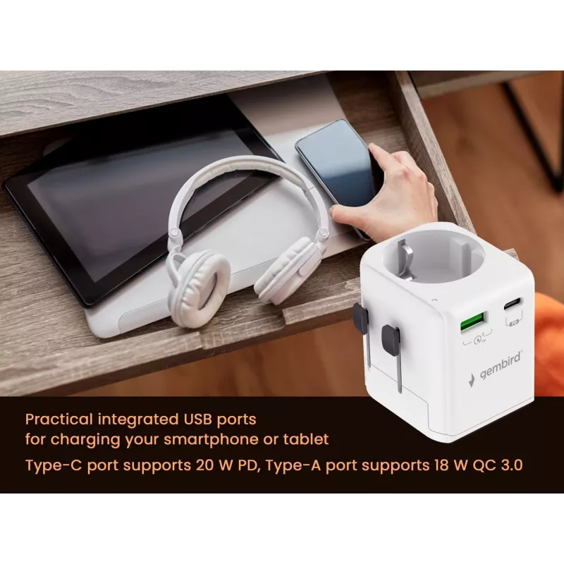 Ceļojuma strāvas adapteris GEMBIRD TPA-EU1A1C20-01-W 20W, USB-A 18W + USB-C 20W, Schuko ligzda, ieeja 100–250 V