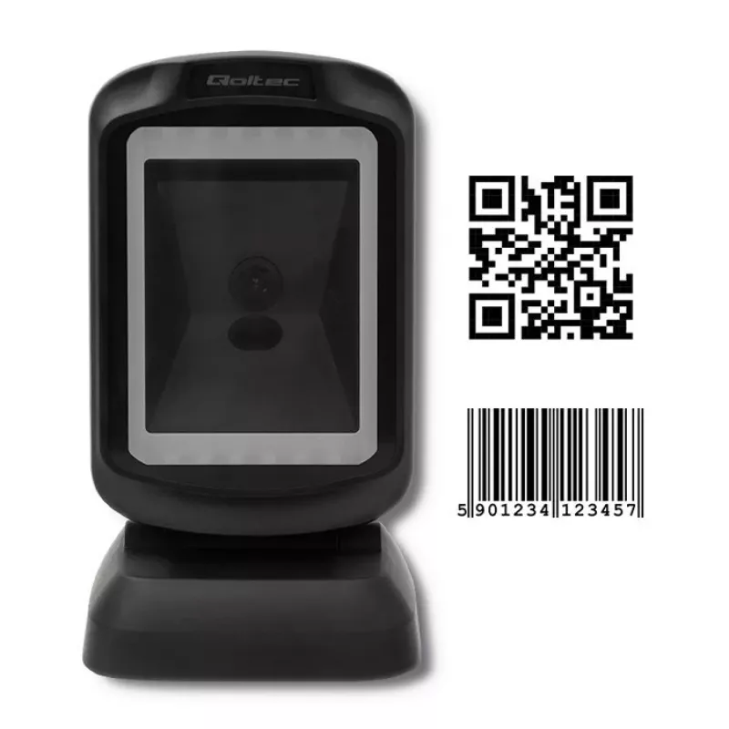 Fiksēts 1D/2D svītrkodu lasītājs QOLTEC 50864, LED sensors, USB vadu savienojums, melns, 145×85×80 mm
