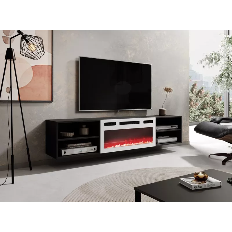 RTV skapis POLO 180x33x39 melns + kamīns balts