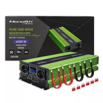 Qoltec Monolith sprieguma pārveidotājs | Akumulatora uzlāde | UPS | 2000W | 4000W | 12V uz 230V | Tīrs sinusoidāls | LCD melns-zaļš