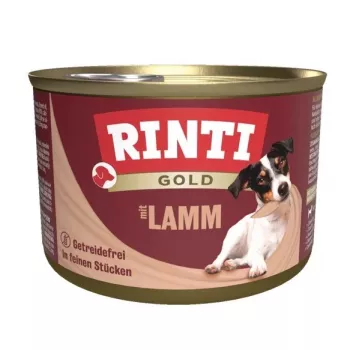 Slapjā suņu barība RINTI Gold Jēra gaļa 185 g — pilnvērtīga konservēta gaļa pieaugušiem suņiem, 79% mitruma, 10% olbaltumvielu, 8% tauku