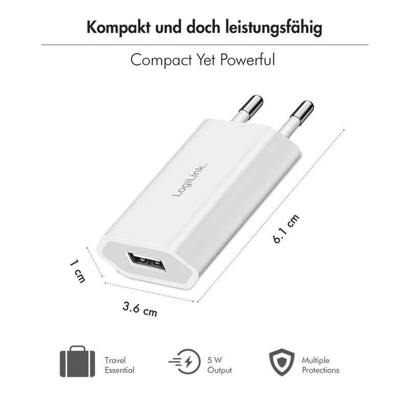 USB-A kontaktligzdas adapteris, 5W, 5V/1A, 1xUSB-A balts