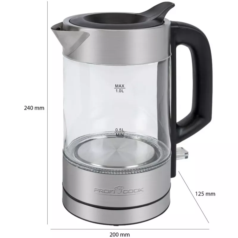 ProfiCook PC-WKS 1229 G elektriskā tējkanna 1 L 1600 W Nerūsējošais tērauds, Caurspīdīga