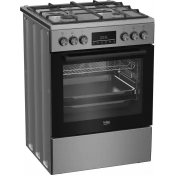 Brīvi stāvoša gāzes-elektriskā plīts BEKO FBM62330GXTN 60 cm, 4 degļu gāzes plīts virsma, 72 L elektriskā cepeškrāsns, energoefektivitātes klase A
