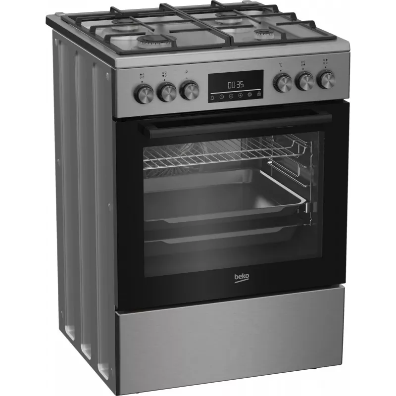 Brīvi stāvoša gāzes-elektriskā plīts BEKO FBM62330GXTN 60 cm, 4 degļu gāzes plīts virsma, 72 L elektriskā cepeškrāsns, energoefektivitātes klase A