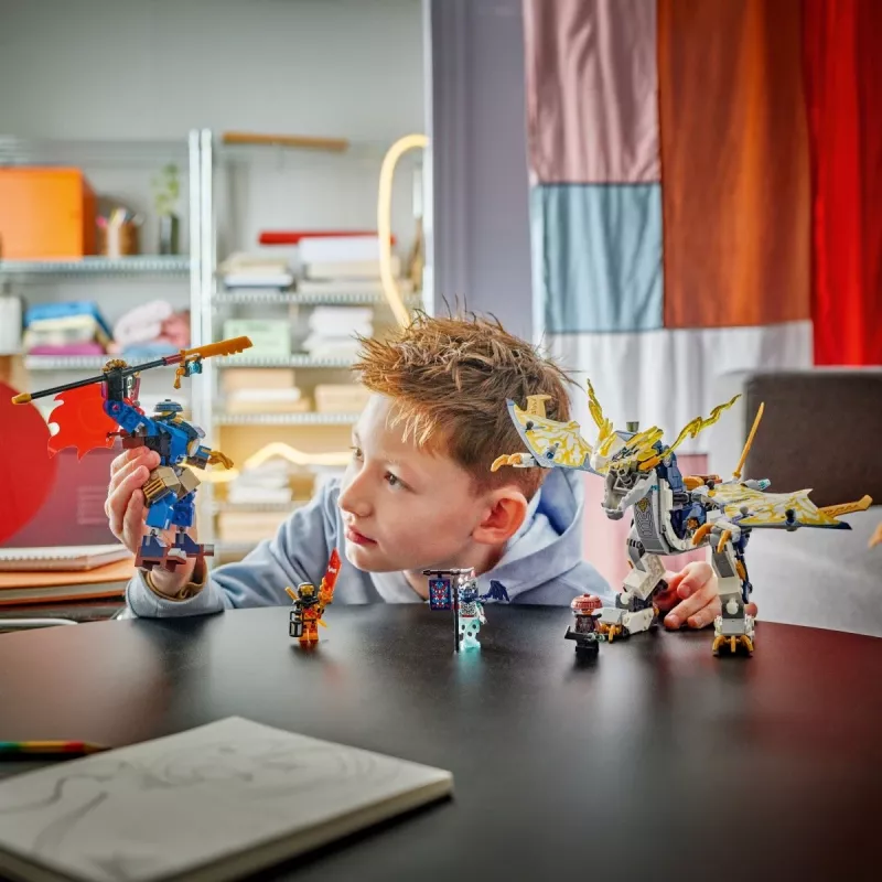 LEGO NINJAGO komplekts 71843 Rogue’s Mech Dragon Rider — 584 gab., 4 minifigūras, modeļa augstums 190 mm