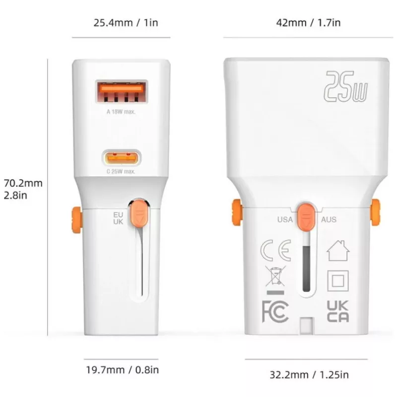 Ceļojumu lādētājs 25W World Travel 25W USB-C + A