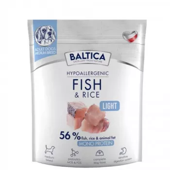 Sausā suņu barība BALTICA Hypoallergenic Fish & Rice Light M 1 kg — pieaugušiem vidēja izmēra suņiem, 22% olbaltumvielu, 7% tauku