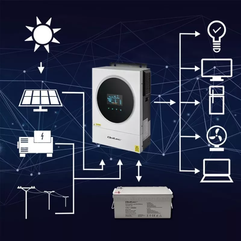 Qoltec, sprieguma pārveidotājs, hibrīda saules invertors Off-Grid 4kVA 4kW 120A MPPT LCD Wi-Fi BMS Sinus