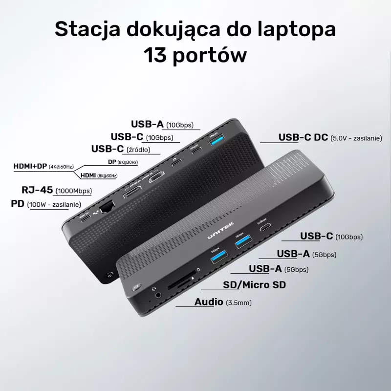 Dokstacija UNITEK D1079A USB4 vadu melna 100W barošanas padeve
