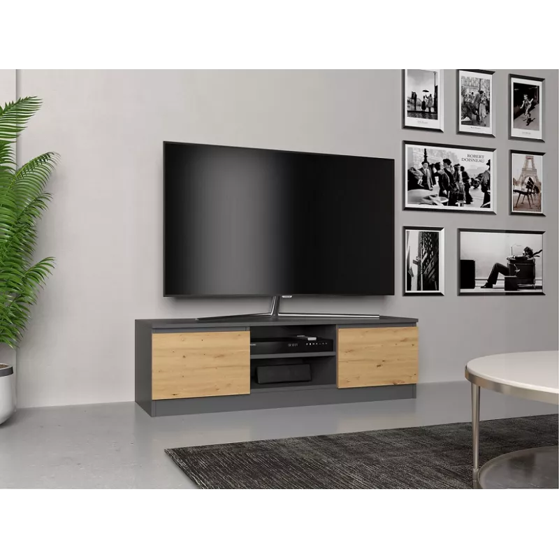 TV statīvs Top e Shop RTV 120 ANTR/ARTIS — 1200×400×360 mm, antracīta krāsas virsma un rāmis, skaidu plātne, 2 plaukti
