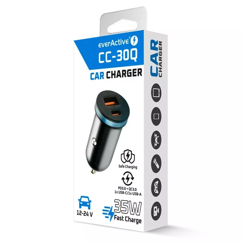 Automašīnas lādētājs everActive CC-30Q QC3.0 35W — 1x USB-A, 1x USB-C, ātrā uzlāde