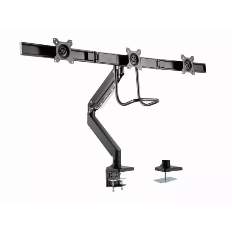 Galda monitora stiprinājums GEMBIRD MA-DA3-03, 3 sviras, gāzes atspere, VESA 75–100x100, atbalsta 3 displejus līdz 27 collām, maks. 18 kg, melns