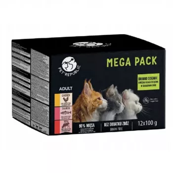 Mitrās kaķu barības maisiņi PetRepublic 12x100g — vista, lasis, teļa gaļa