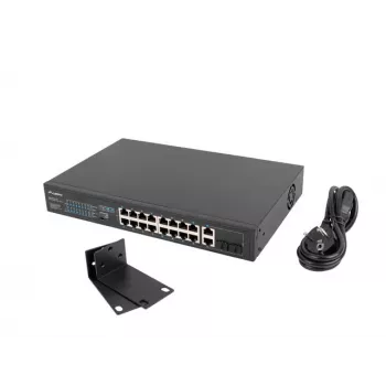 Nepārvaldāms slēdzis LANBERG RSFE-16P-2C-150 — 18 portu Gigabit, 16 PoE+/2 SFP, 150 W kopā, 1U statīvs, metāls, melns