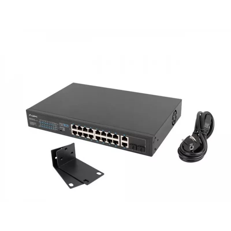 Nepārvaldāms slēdzis LANBERG RSFE-16P-2C-150 — 18 portu Gigabit, 16 PoE+/2 SFP, 150 W kopā, 1U statīvs, metāls, melns